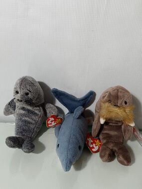 TY Beanie Babies Plush Trio - Seal, Dolphin, Walrus - Gray/Blue/Brown